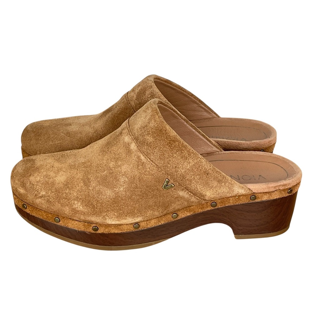 Vionic Kacie Tan Suede Studded Clogs Wood Heel Mules Womens 7 Slip On Orthotic